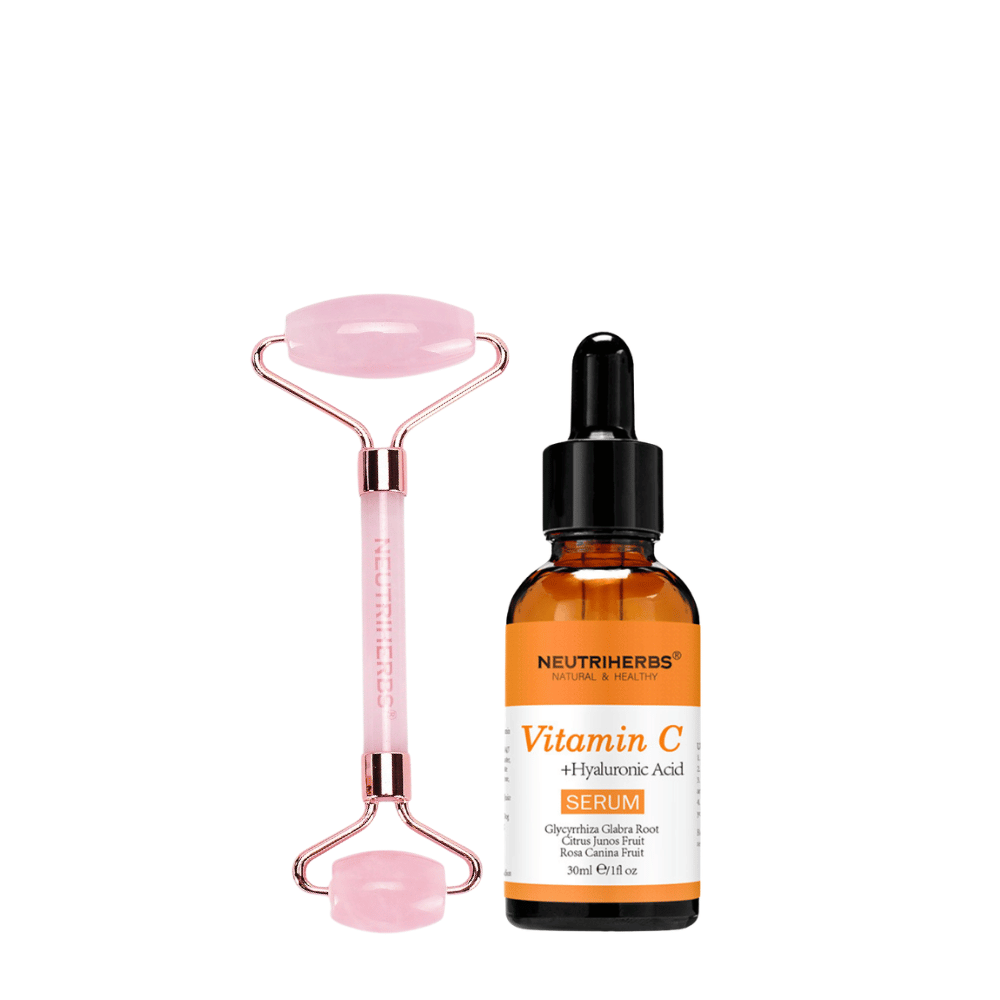 Face Massage Roller Glow Kit con rodillo de cuarzo rosa y Vitamin C Serum