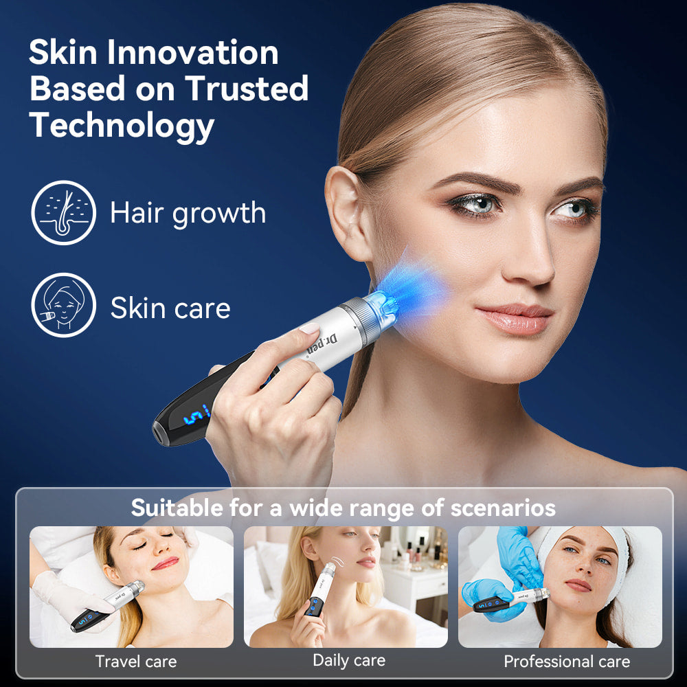 Mujer usa Bio Pen Q1S microneedling con luz LED azul para cuidado de la piel y estimulación del cabello, con ejemplos de uso en viajes, cuidado diario y tratamiento profesional.