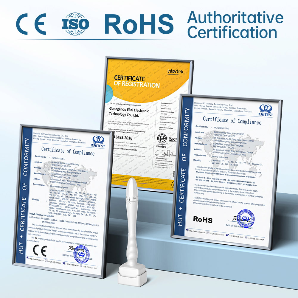 Certificaciones para Dermastamp DRS 140A incluyendo CE, ISO y RoHS, que demuestran la seguridad y calidad del producto.