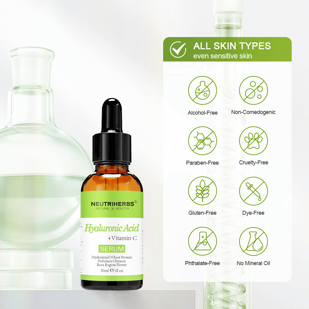 Neutriherbs Hyaluronic Acid + Vitamin C Serum 30 ml para todo tipo de piel, incluso piel sensible. Sérum facial hidratante sin alcohol, parabenos, aceite mineral ni colorantes que fortalece la barrera cutánea y aporta luminosidad a la piel.