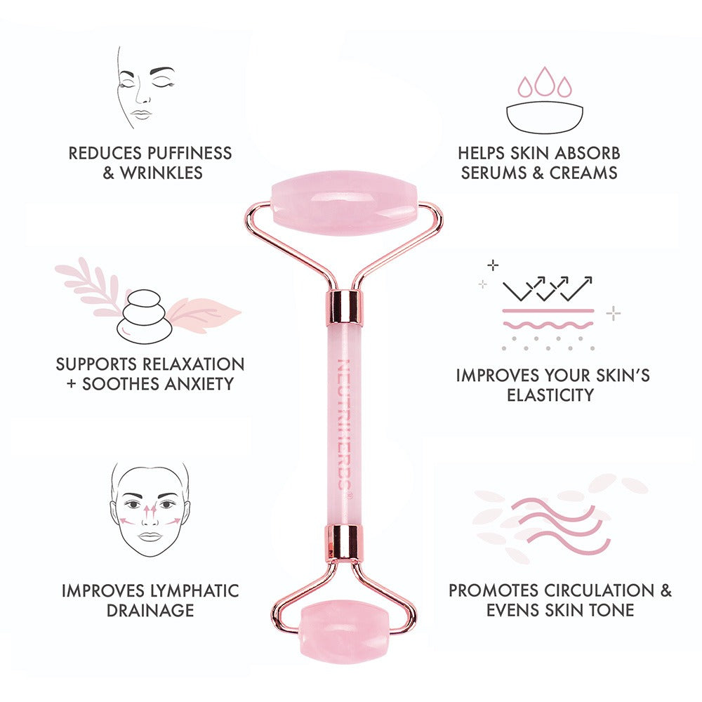 Neutriherbs rodillo de cuarzo rosa para masaje facial que complementa la rutina diaria de cuidado de la piel.
