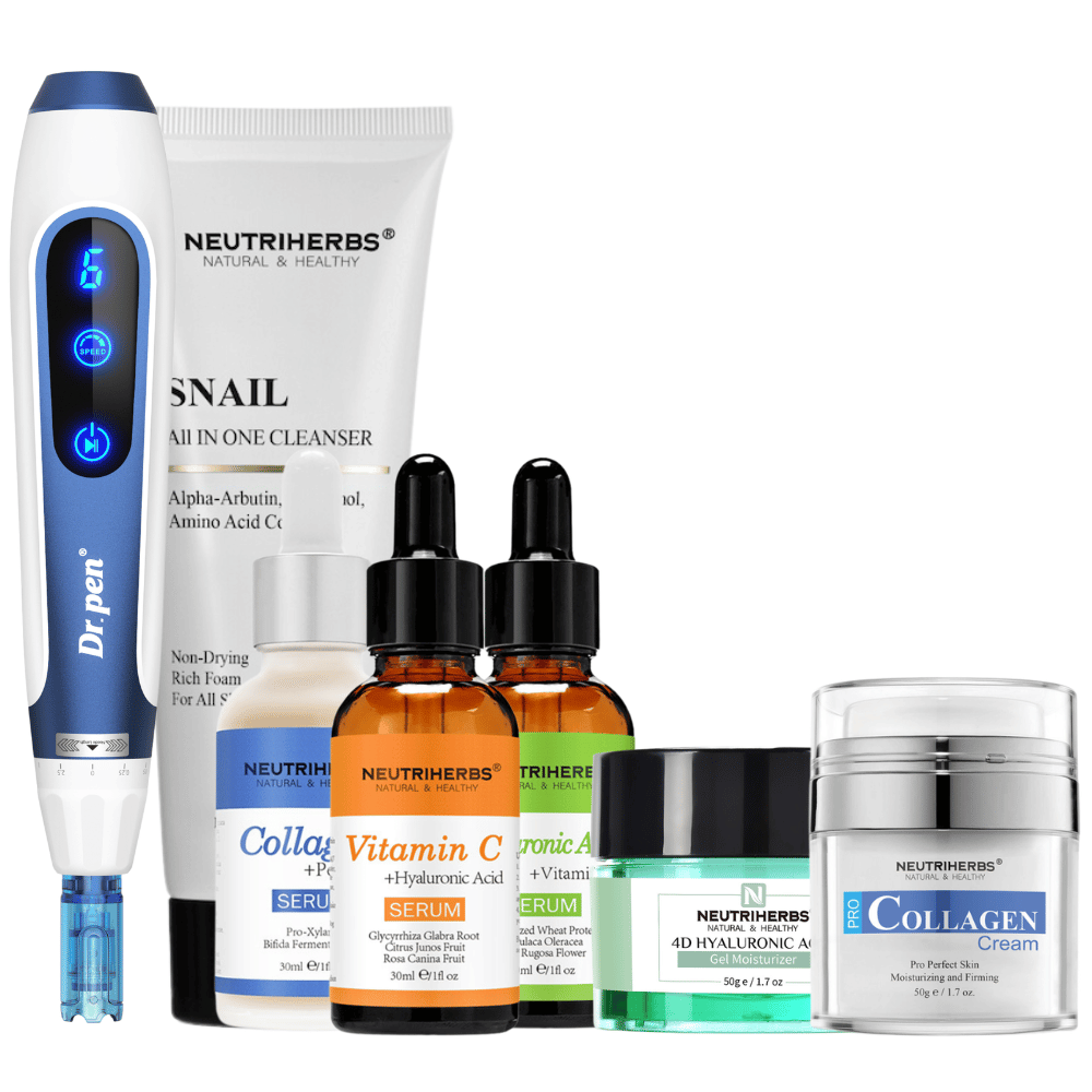 Complete Skin Renewal Kit con Dr. Pen A11, Neutriherbs Snail Cleanser, tres sérums, 4D Hyaluronic Acid Gel Moisturizer y Pro Collagen Cream.