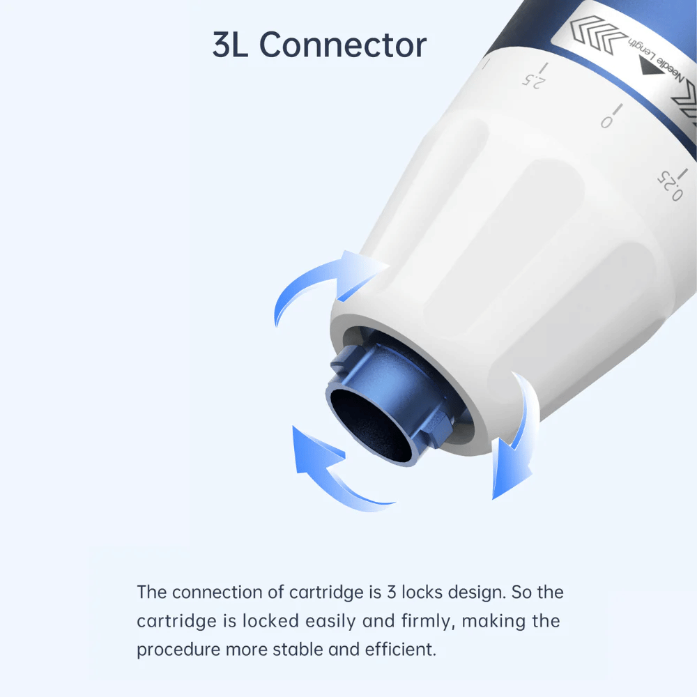 Primer plano de 3L Connector - el sistema de bloqueo que asegura que el cartucho de aguja en Dr. Pen A11 se adhiera de manera estable y segura durante el tratamiento.
