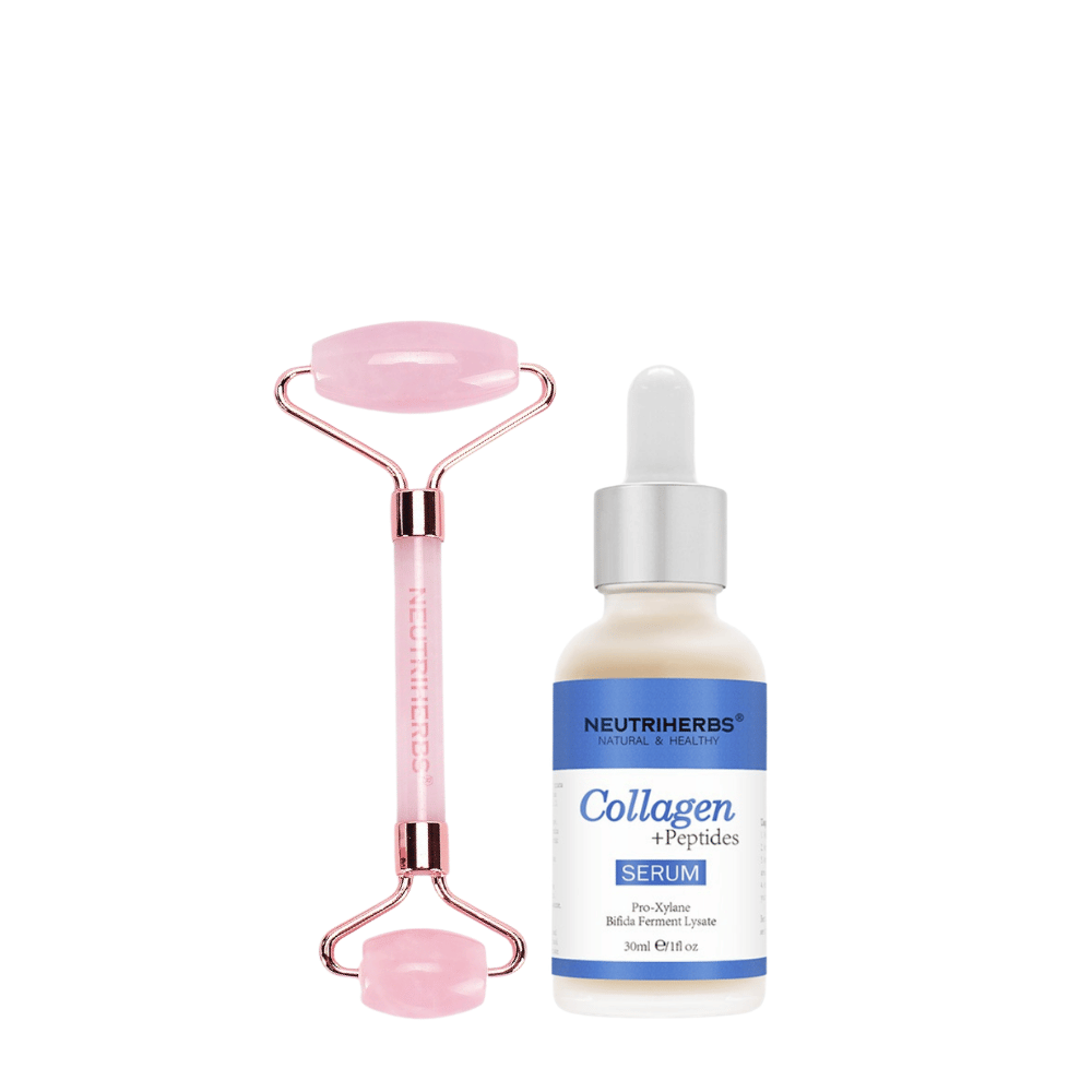 Face Massage Roller Firming Kit con rodillo de cuarzo rosa y Collagen + Peptides Serum