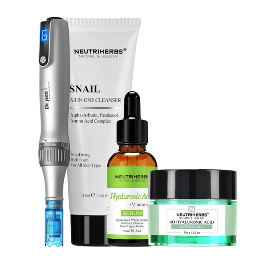 Microneedling Starter Kit con Dr. Pen M8S, Neutriherbs Snail Cleanser, Hyaluronic Acid Serum y 4D Hyaluronic Acid Gel Moisturizer.