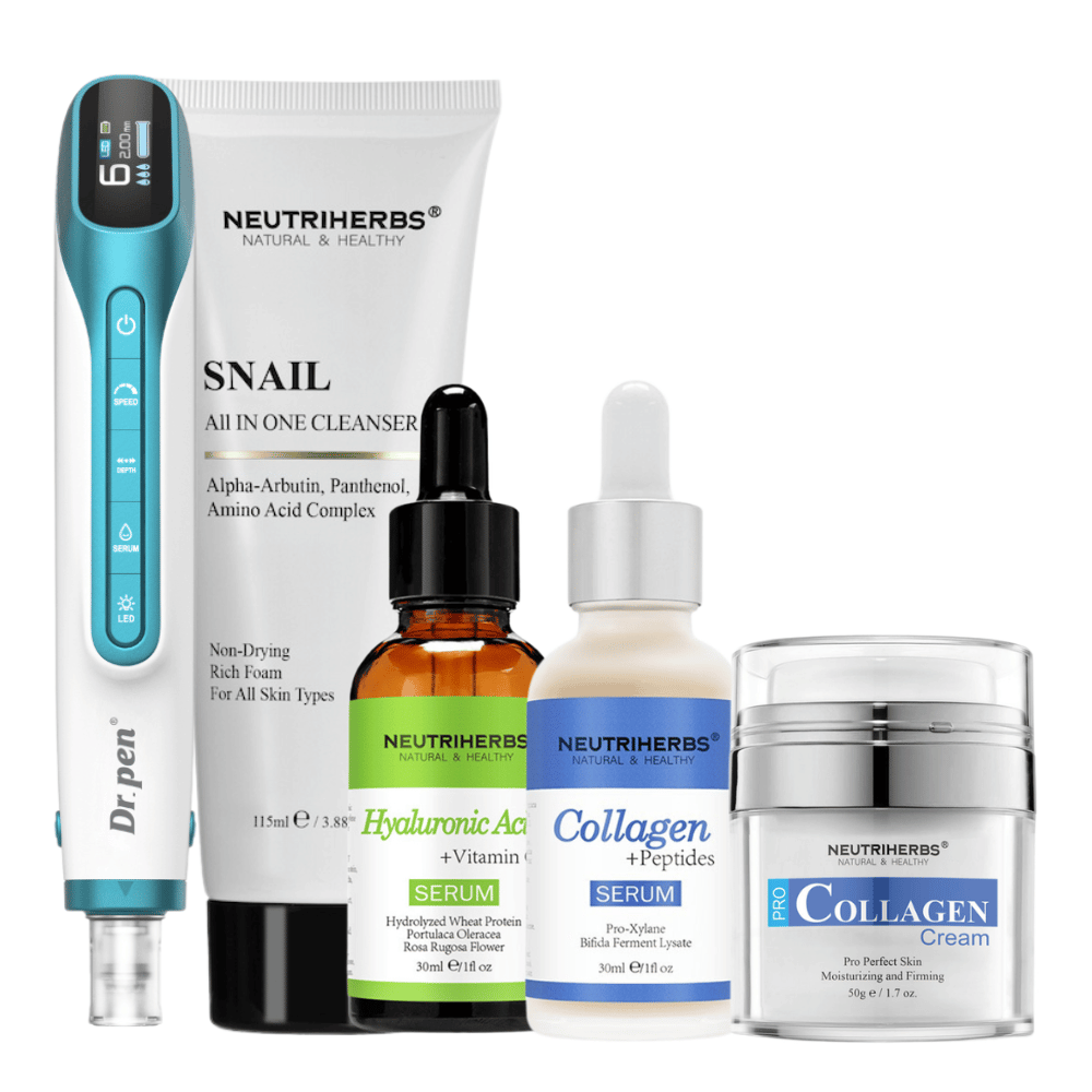 Premium Anti-Aging Kit con Dr. Pen H6, limpiador, sérum de ácido hialurónico, sérum de colágeno y crema de colágeno.
