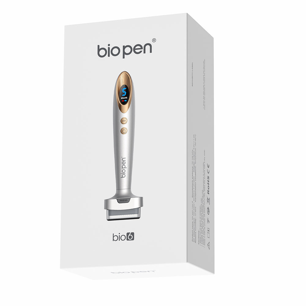 Bio Pen Bio 6 embalaje del producto que muestra el dispositivo microneedling con función EMS, diseñado para tratamiento avanzado de cuidado de piel y cabello.