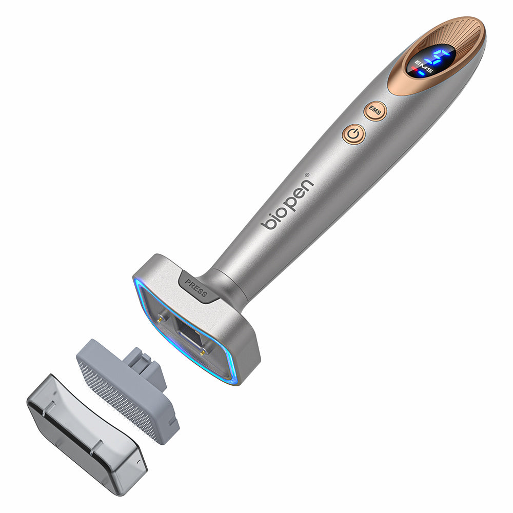 Bio Pen Bio 6 con cabeza microneedling desmontable y función EMS, mostrado con accesorios intercambiables para tratamiento avanzado de la piel y mejor absorción.