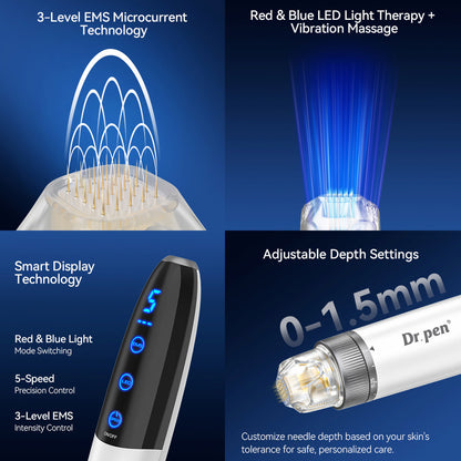 Bio Pen Q1S microneedling con microcorriente EMS de 3 niveles, luz LED roja y azul, pantalla inteligente y profundidad de aguja ajustable 0-1,5 mm para tratamiento avanzado de la piel.