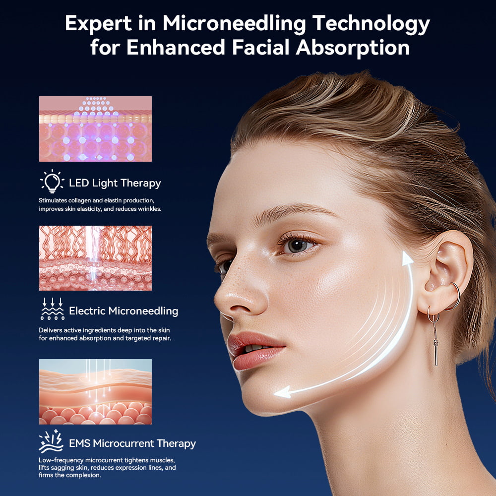 Bio Pen Q1S demuestra microneedling, terapia de luz LED y microcorriente EMS en la piel del rostro para mejorar la absorción y rejuvenecimiento de la piel.