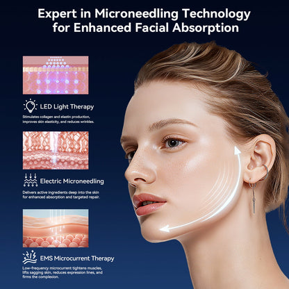 Bio Pen Q1S demuestra microneedling, terapia de luz LED y microcorriente EMS en la piel del rostro para mejorar la absorción y rejuvenecimiento de la piel.