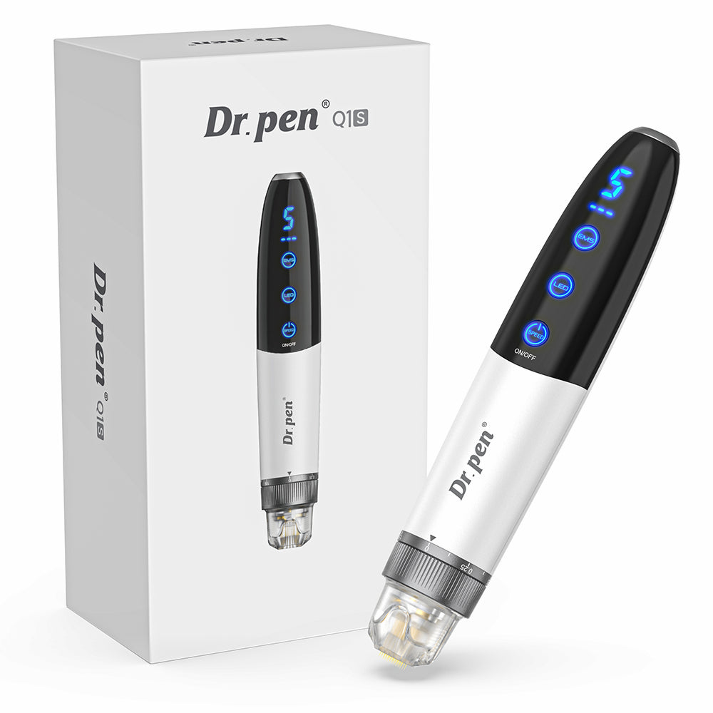 Bio Pen Q1S microneedling-bolígrafo con funciones LED y EMS, mostrado junto con el empaque del producto para tratamiento profesional de la piel.