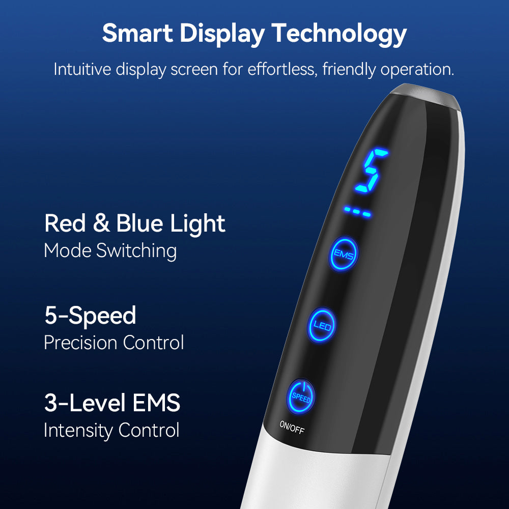 Bio Pen Q1S con tecnología de pantalla inteligente que muestra modo de luz roja y azul, 5 velocidades e intensidad EMS ajustable para tratamiento avanzado de microneedling.