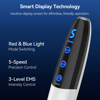 Bio Pen Q1S con tecnología de pantalla inteligente que muestra modo de luz roja y azul, 5 velocidades e intensidad EMS ajustable para tratamiento avanzado de microneedling.
