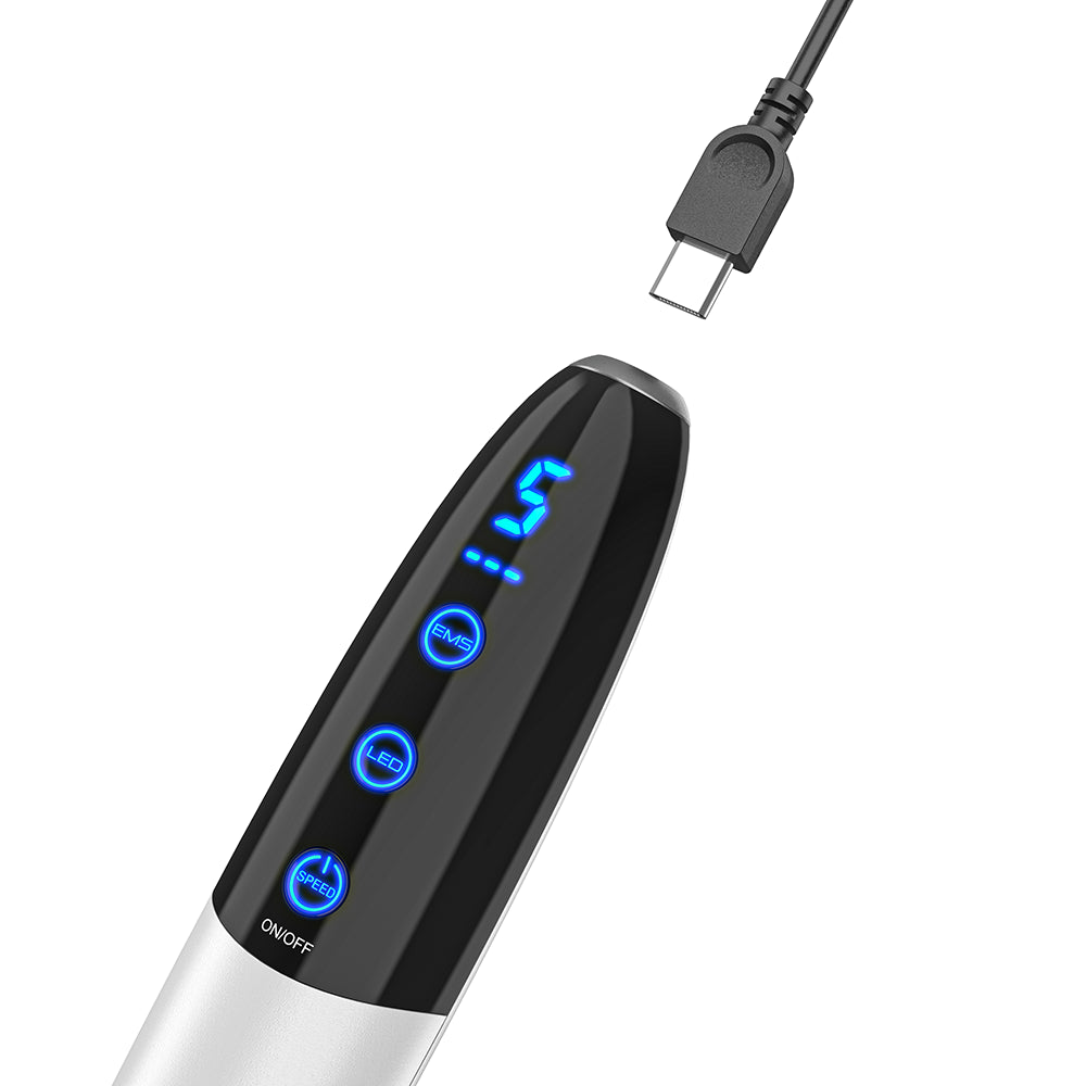 Bio Pen Q1S microneedling-bolígrafo con carga USB-C y funciones LED y EMS iluminadas para tratamiento avanzado de la piel.