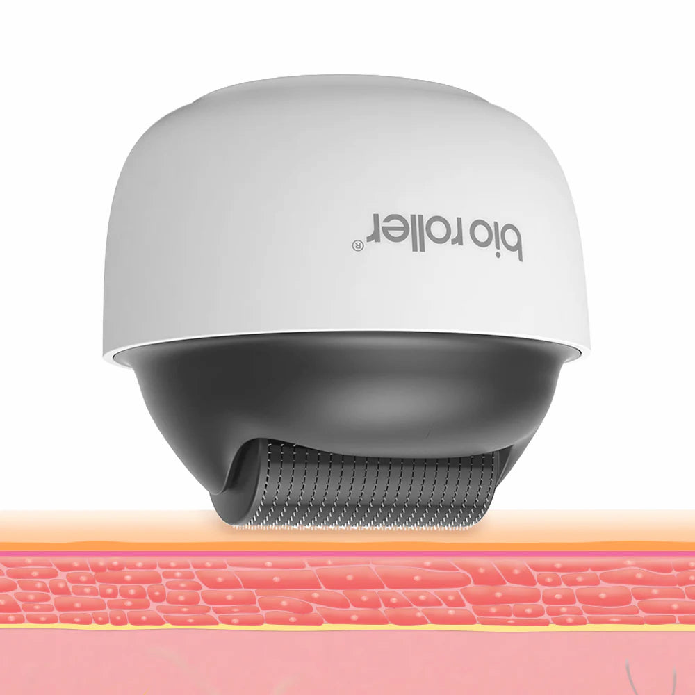 Bio Roller G4 microneedling-rodillo que muestra cómo las microagujas penetran la superficie de la piel para estimular el colágeno y mejorar la estructura de la piel.
