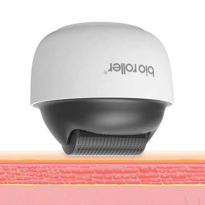 Bio Roller G4 microneedling-rodillo que muestra cómo las microagujas penetran la superficie de la piel para estimular el colágeno y mejorar la estructura de la piel.