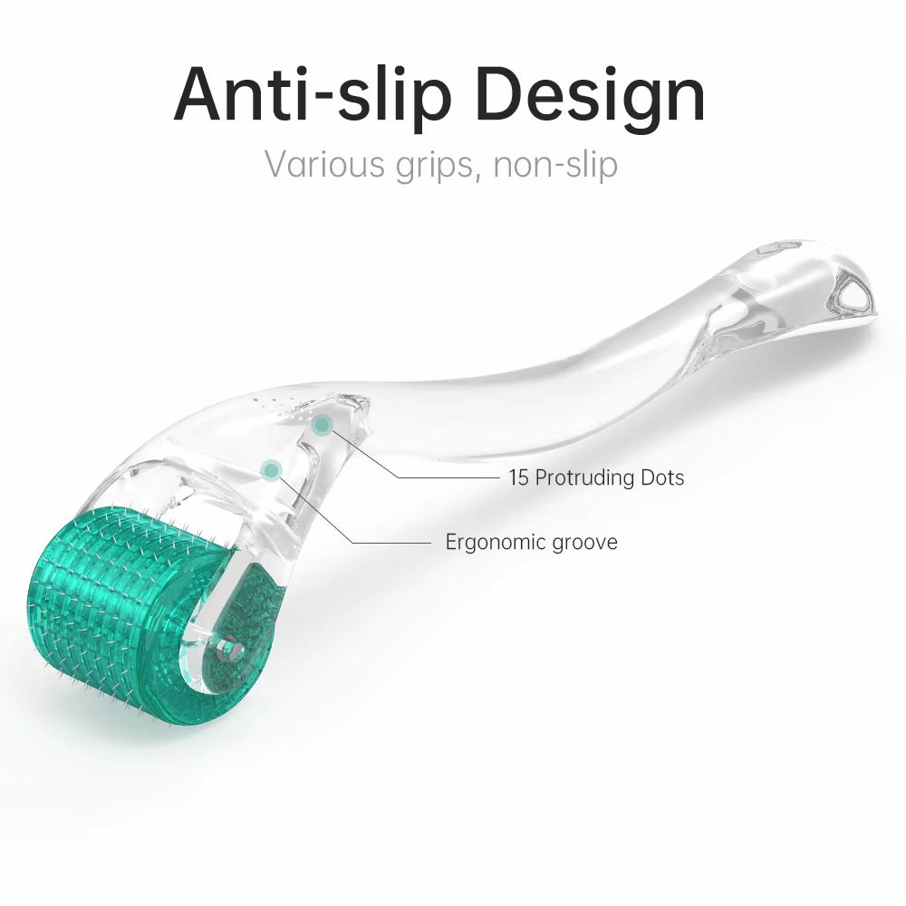 Dermaroller DRS 192 con diseño antideslizante, mango ergonómico y 15 puntos de agarre para un tratamiento de microneedling estable y seguro.