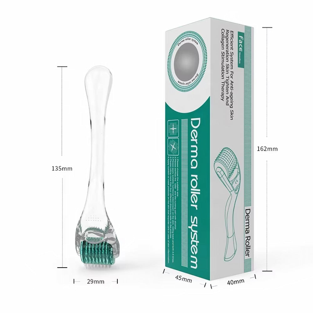 Dermaroller DRS 192 con medidas claras y embalaje original, muestra longitud, ancho y tamaño de la herramienta de microneedling.