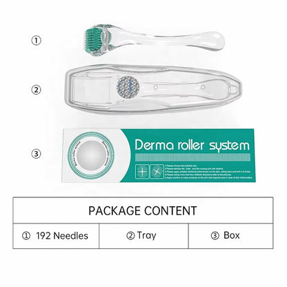 Dermaroller DRS 192 muestra el contenido del embalaje: dermaroller, bandeja protectora y caja.