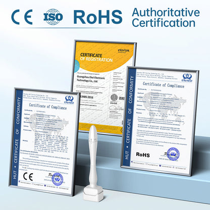 Certificaciones para Dermastamp DRS 140A incluyendo CE, ISO y RoHS, que demuestran la seguridad y calidad del producto.