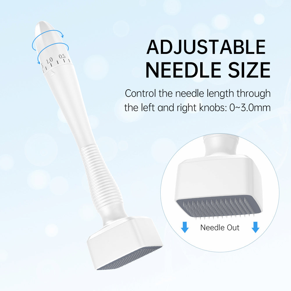 Dermastamp DRS 140A con longitud de aguja ajustable de 0 a 3.0 mm, muestra cómo se pueden ajustar las agujas microneedling para diferentes tratamientos de piel girando el control.