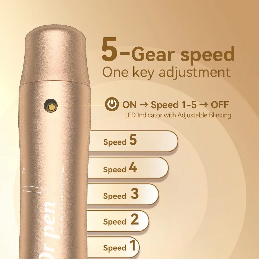 Ilustración de Dr Pen M5 en oro que muestra ajuste de velocidad en 5 pasos con un botón, y un indicador LED que parpadea de manera diferente según el nivel de velocidad de 1 a 5.