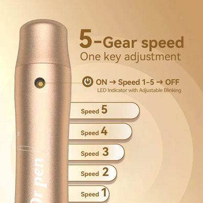 Ilustración de Dr Pen M5 en oro que muestra ajuste de velocidad en 5 pasos con un botón, y un indicador LED que parpadea de manera diferente según el nivel de velocidad de 1 a 5.