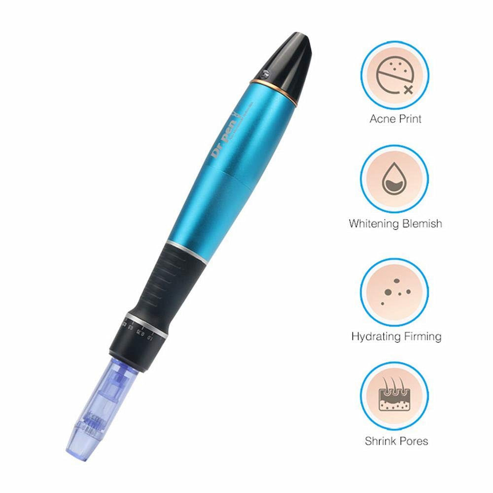 Dr. Pen A1 azul microneedling-pluma que muestra efectos de tratamiento como reducción de cicatrices de acné, tono de piel más claro, mayor hidratación y reducción de poros.
