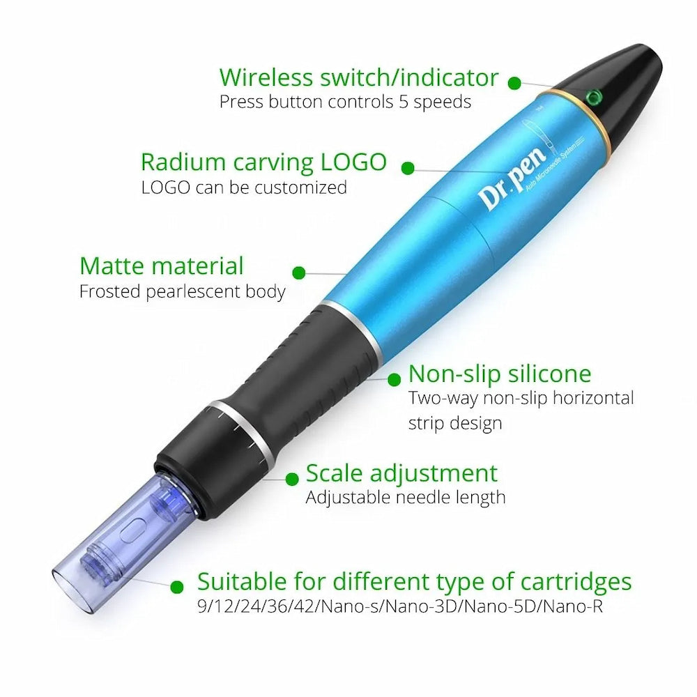 Dr. Pen A1 azul microneedling-pluma con cinco velocidades, mango de silicona antideslizante, longitud de aguja ajustable y compatibilidad con múltiples cartuchos de aguja.
