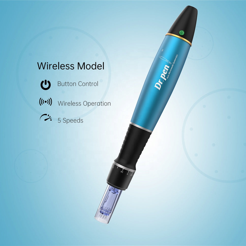 Dr. Pen A1 inalámbrica microneedling-pluma con control de botón, operación inalámbrica y cinco velocidades ajustables para tratamiento profesional de la piel.