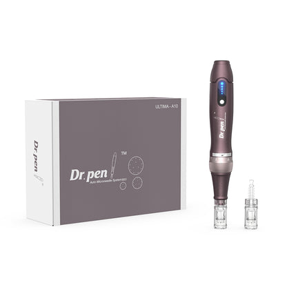 Dr. Pen A10 microneedling pluma en púrpura con cabezales de aguja y empaque original, kit completo para tratamiento de piel profesional.