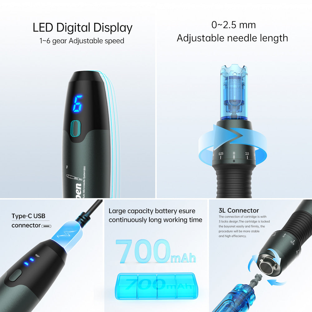 Dr. Pen A20 microneedling-pluma con pantalla LED, profundidad de aguja ajustable 0-2,5 mm, carga Type-C, batería de 700 mAh y conector 3L estable para un tratamiento más seguro.