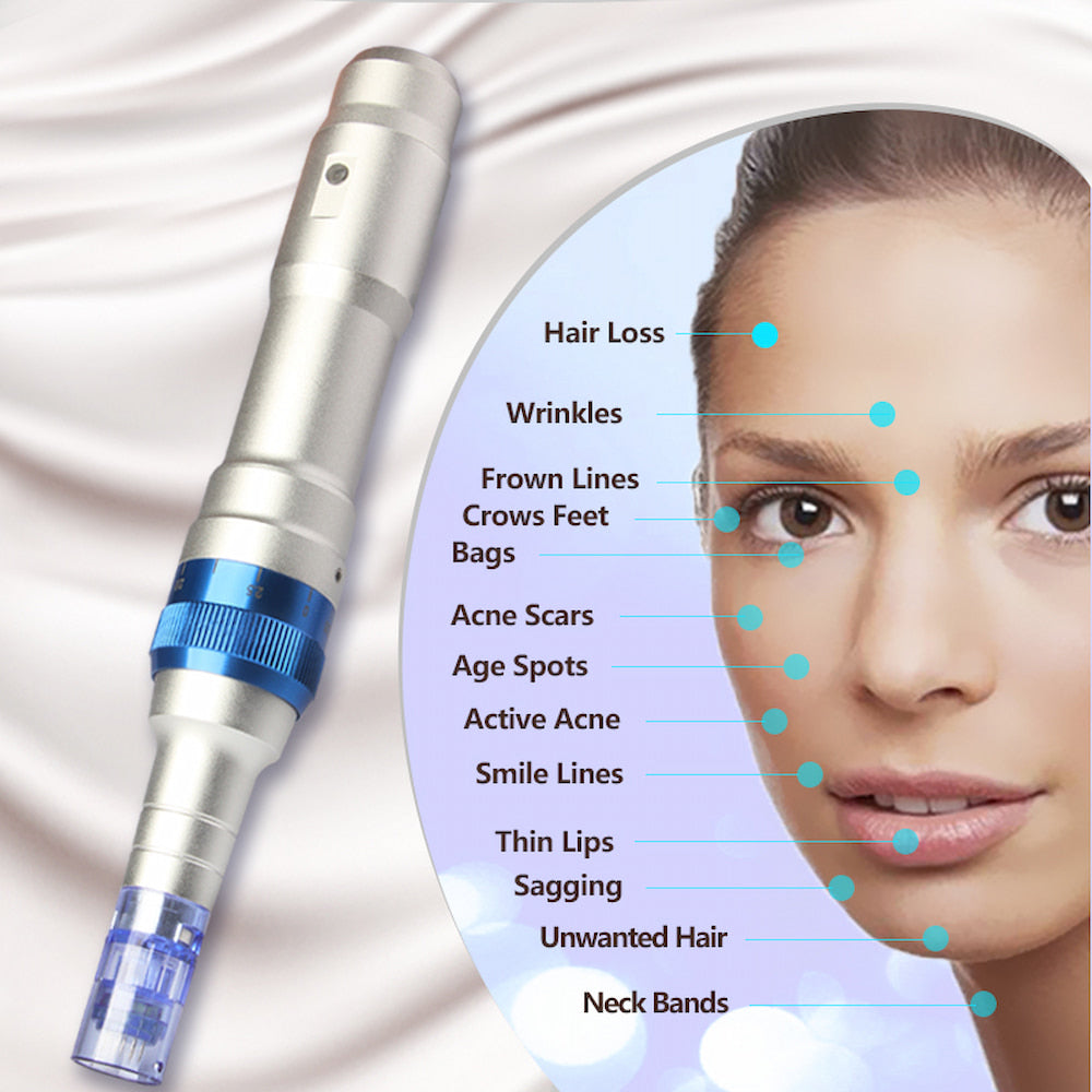 Dr. Pen A6 bolígrafo de microneedling mostrado junto a una ilustración de áreas de tratamiento en el rostro como arrugas, cicatrices de acné, manchas de edad y caída del cabello.