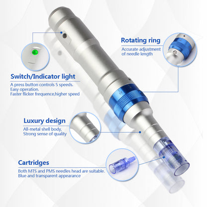 Imagen de vista general de Dr. Pen A6 que muestra características como luz indicadora, cinco modos de velocidad, anillo giratorio para ajuste preciso de profundidad de aguja, cuerpo metálico de diseño lujoso y cartuchos de aguja azul compatibles.