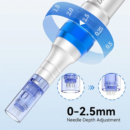 Dr. Pen A6 con cartucho de aguja azul que muestra profundidad de aguja ajustable de 0 a 2,5 mm para microneedling personalizado.