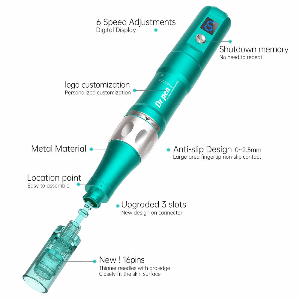 Imagen de vista general de Dr. Pen A6S que muestra seis niveles de velocidad, cuerpo de metal, diseño antideslizante, función de memoria al apagar, personalización de logotipo, conexión mejorada de 3 pistas y nueva cabeza de 16 agujas.