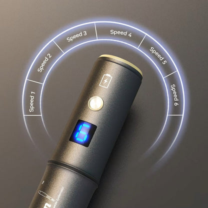 Dr. Pen A8S bolígrafo de microneedling que muestra seis niveles de velocidad con pantalla digital para un tratamiento de piel preciso y personalizado.