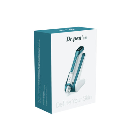 Dr. Pen H6 Hydra Pen en embalaje original con imagen del bolígrafo de microneedling y su soporte correspondiente.