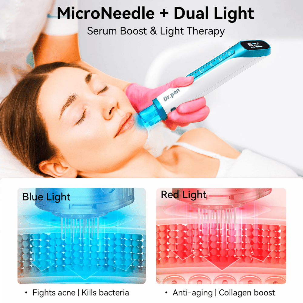 Dr. Pen H6 bolígrafo de microneedling con luz LED roja y azul para tratamiento de la piel.