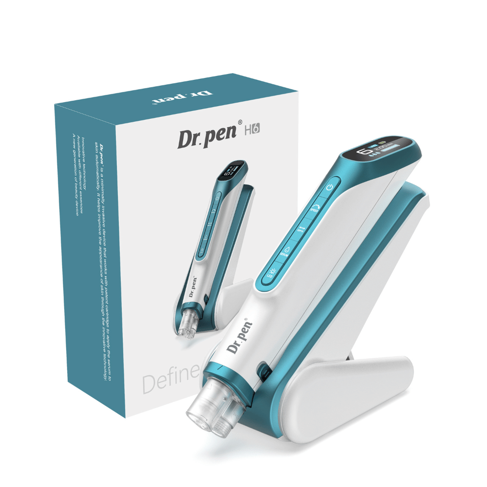 Dr. Pen H6 bolígrafo de microneedling con pantalla digital, soporte correspondiente y embalaje original.