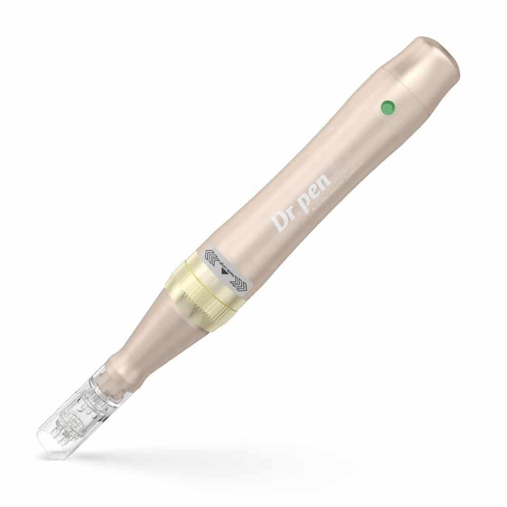 Dr. Pen M5 lápiz de microagujas en oro rosado con cartucho de agujas montado, lápiz profesional microneedling para rejuvenecimiento de la piel.
