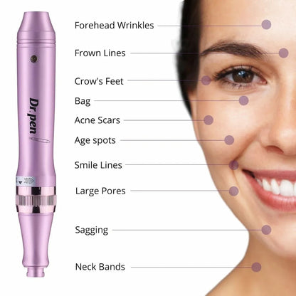 Dr. Pen M7 microneedling-pluma que muestra áreas faciales comunes para tratamiento, incluyendo arrugas en la frente, líneas entre las cejas, patas de gallo, bolsas bajo los ojos, cicatrices de acné, manchas de pigmento, líneas nasolabiales, poros grandes, flacidez de la piel y líneas en el cuello.