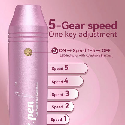 Dr. Pen M7 microneedling-pluma en rosa con cinco velocidades ajustables e indicador LED para un control de velocidad fácil durante el tratamiento de la piel.