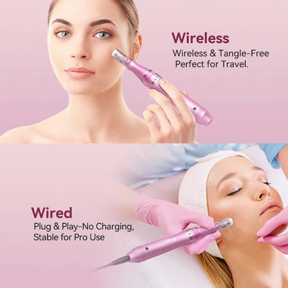 Una mujer usa una pluma rosa, inalámbrica Dr. Pen M7 microneedling en la piel. El texto describe que es inalámbrica, sin enredos y perfecta para llevar de viaje. Imagen inferior: Un terapeuta realiza un tratamiento facial a un cliente con la versión con cable de la misma pluma, que ofrece un funcionamiento estable sin necesidad de carga.