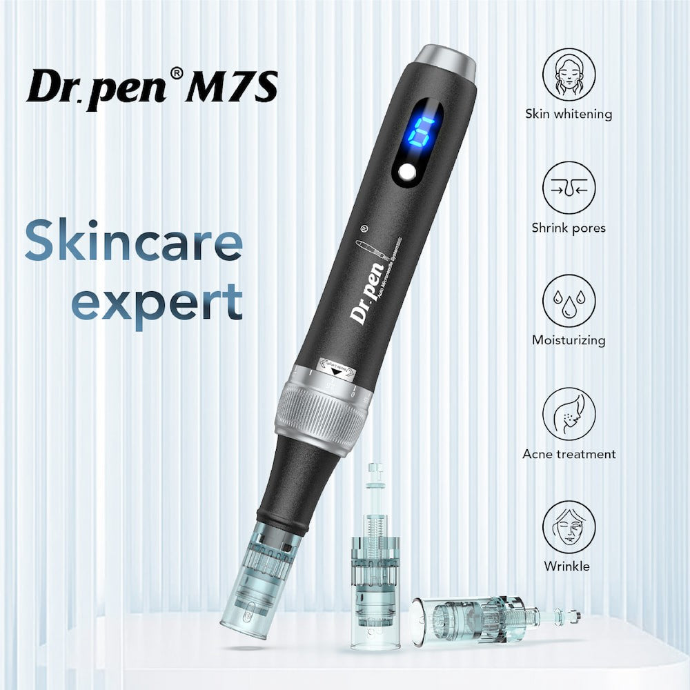 Dr. Pen M7S microneedling-pen con pantalla LED y cartuchos de aguja intercambiables, diseñada para tratamiento de piel profesional que reduce poros, hidrata y mejora la textura de la piel.