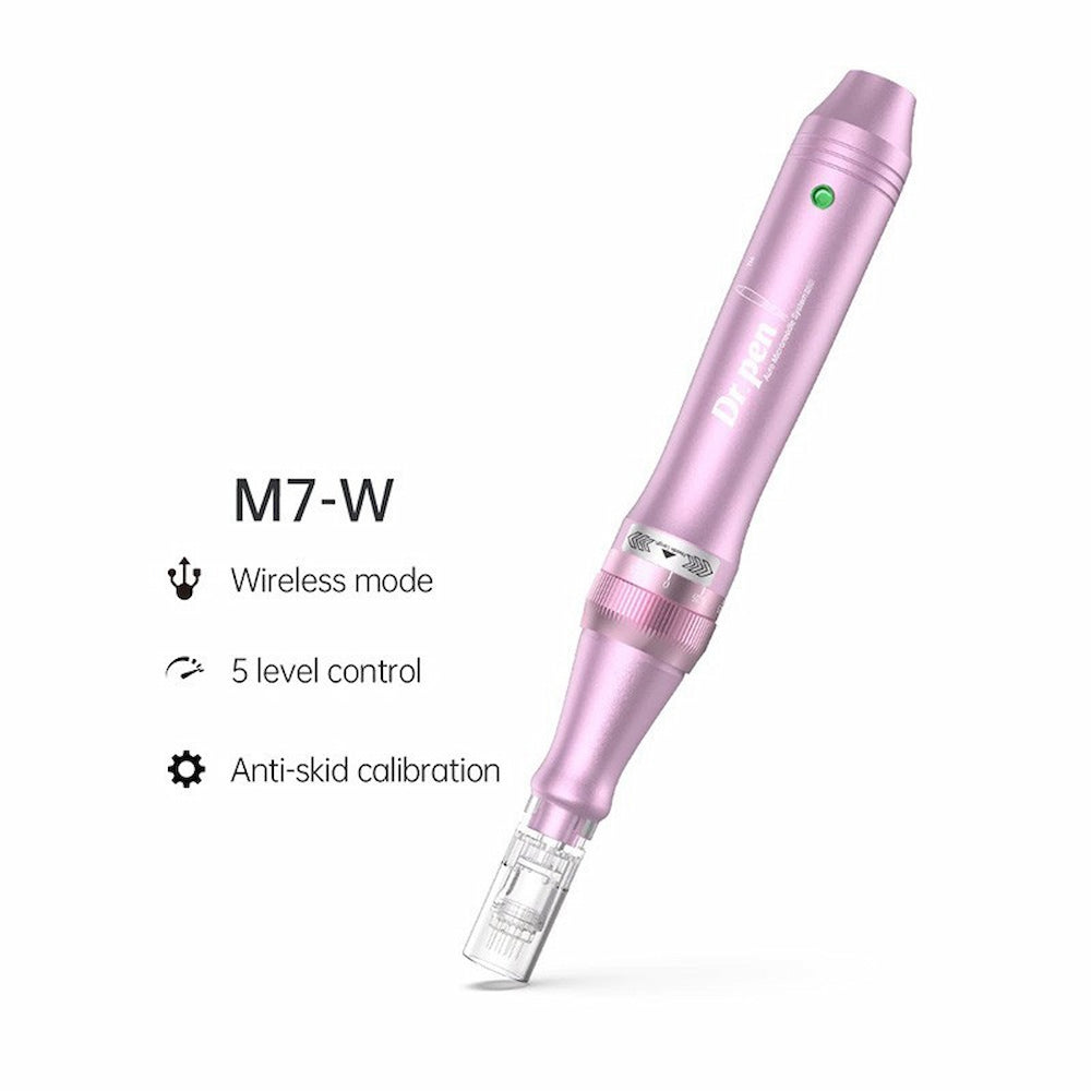 Dr. Pen M7-W inalámbrica microneedling-pluma en rosa con cinco niveles de velocidad y calibración antideslizante para tratamiento profesional de la piel.