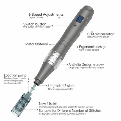 Imagen de resumen de Dr. Pen M8 con marcas que muestran características como 6 niveles de velocidad, diseño ergonómico, cuerpo de metal, agarre antideslizante y cartucho de aguja mejorado con conexión de 3 pistas.