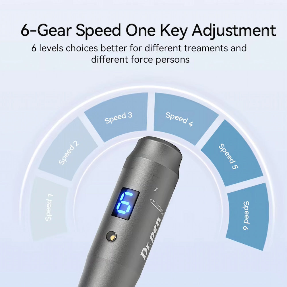 Dr. Pen M8 microneedling-bolígrafo que muestra seis niveles de velocidad y ajuste digital con un solo botón.