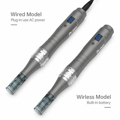 Comparación entre Dr. Pen M8 modelo con cable y el modelo inalámbrico con batería incorporada, ambos con cabezal de aguja montado.